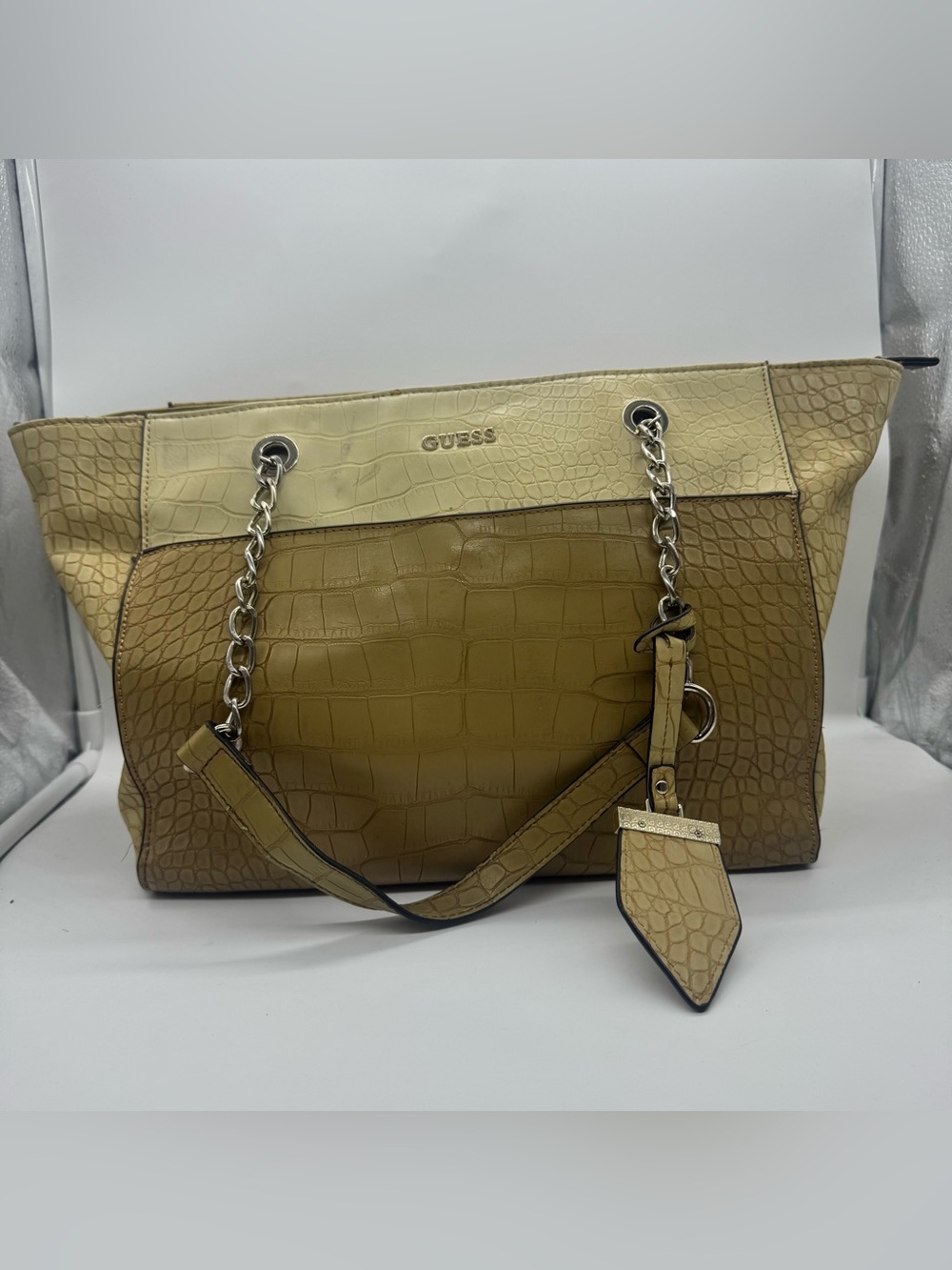 GUESS Two-Tone Croc-Embossed Shoulder Tote in Beige and Tan